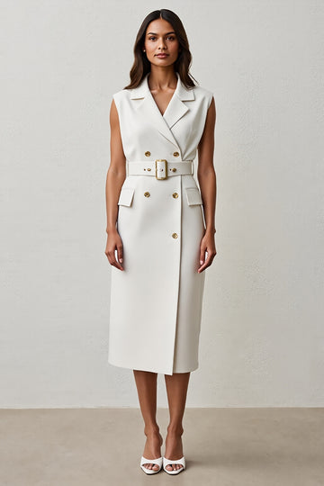 White Sheath Midi Work Dress with Belt